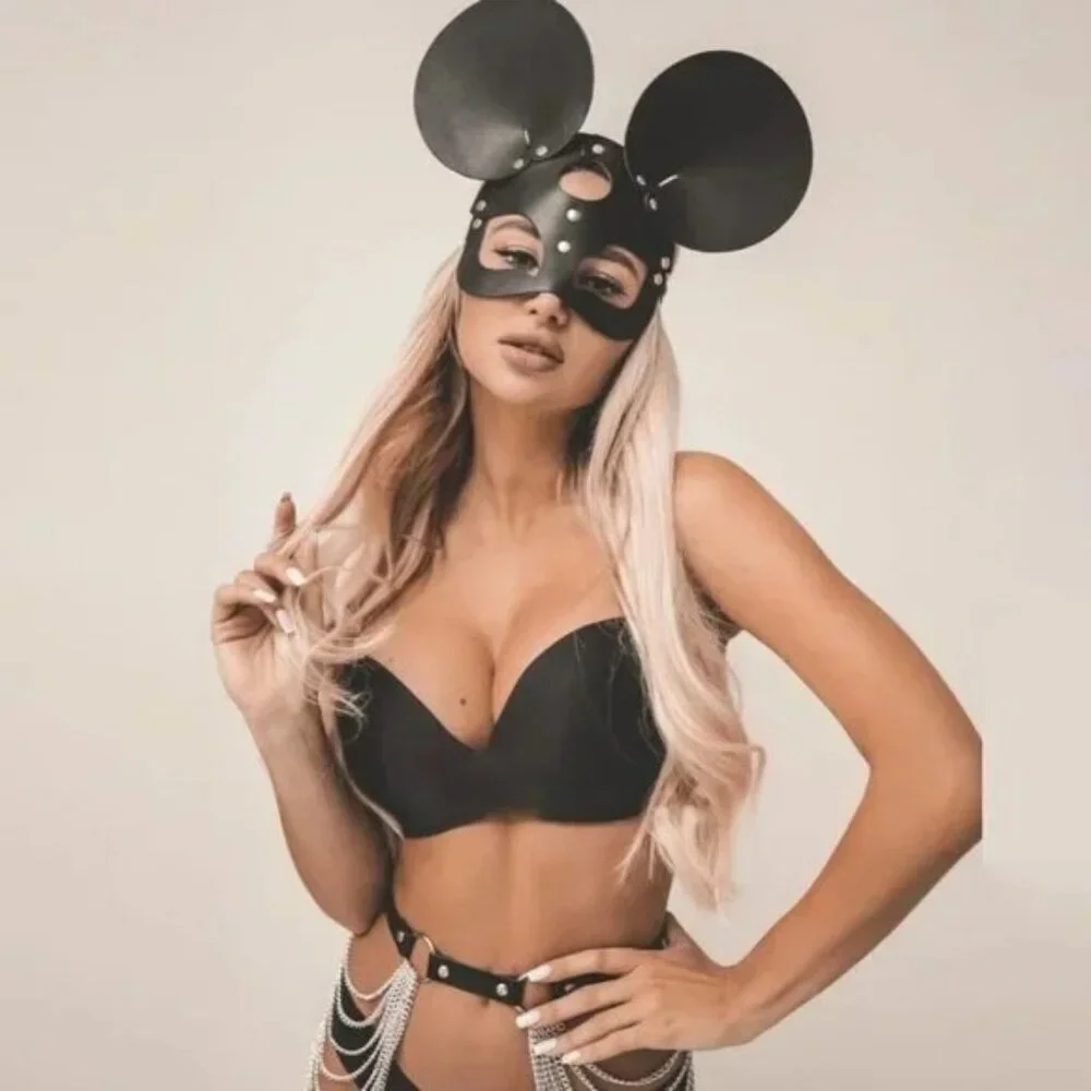 𝅺BLACK Leather Minnie Mouse Fetish Face Mask Slave Bondage BDSM Costume Cosplay